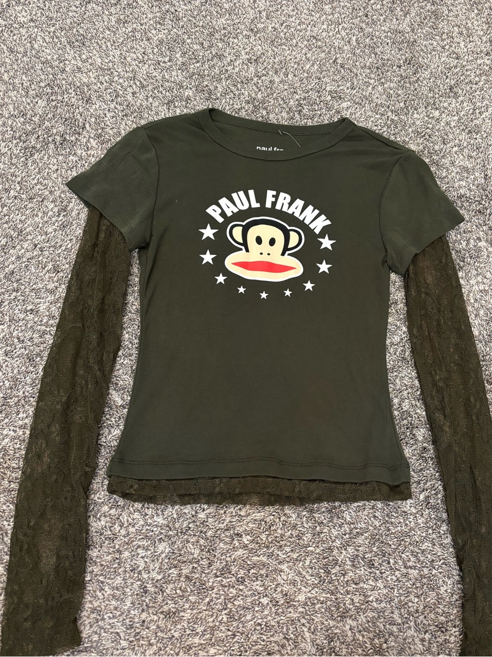 NWOT Paul Frank Olive Green women’sLong Sleeve Layered Tee Logo Sz Small